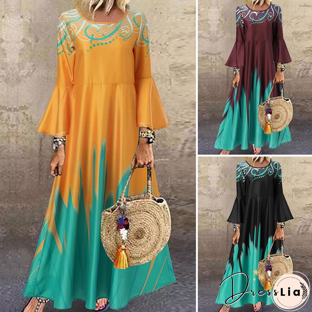Women Kaftan Party Color Printed Long Shirt Dress Casual Flare Sleeve O Neck Slim Maxi Sundress