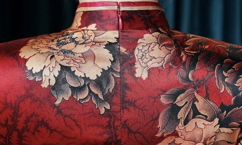 19 mome mulberry silk, floral pattern high end long Qipao