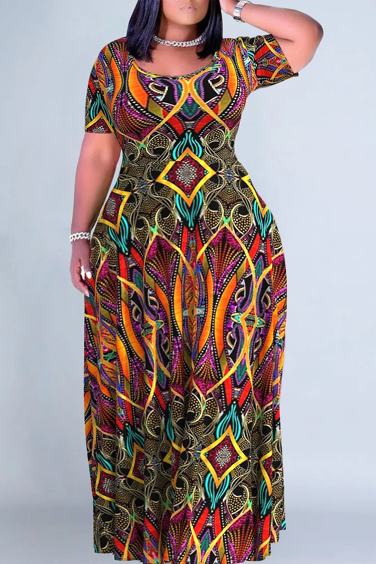 Plus Size Multicolor Casual Tribal Print Round Neck Short Sleeve Maxi Dresses