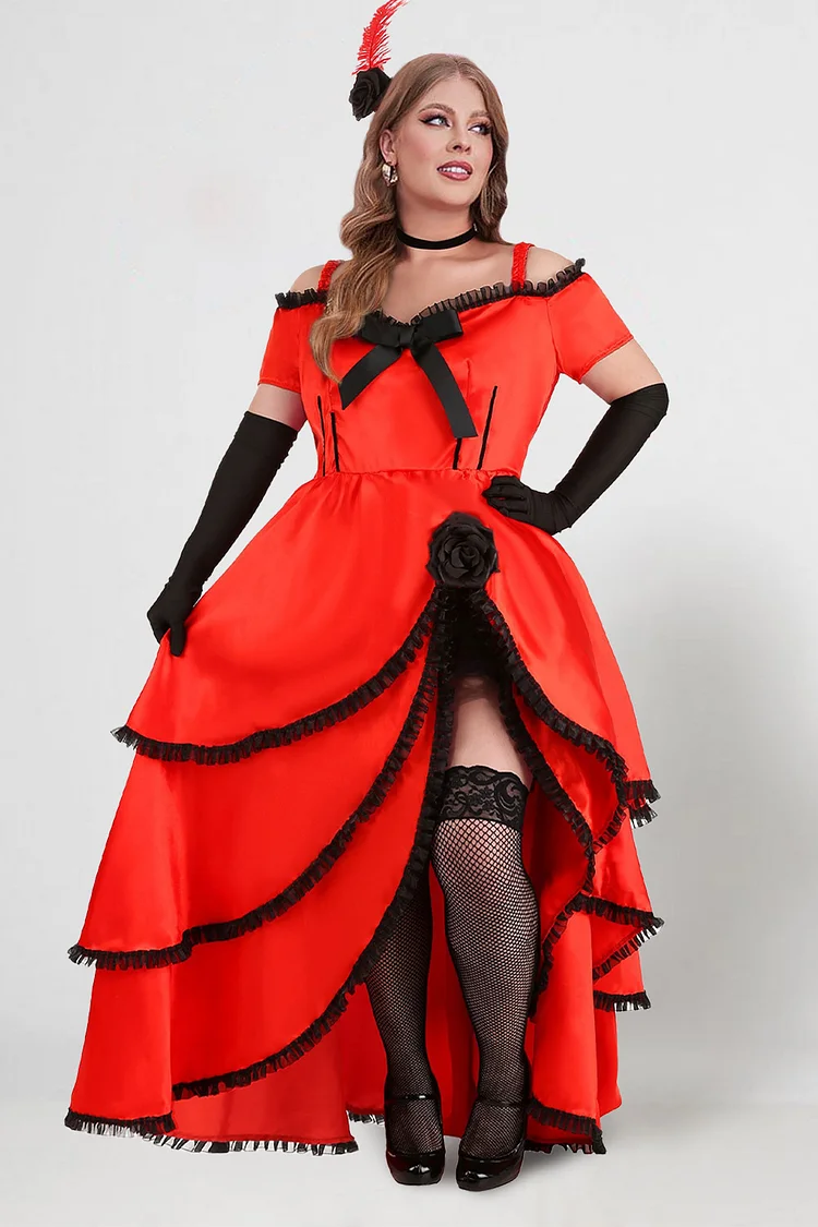 Xpluswear Design Plus Size Halloween Dress Red Short Sleeve Ruffle Tiered High Lowal Maxi Dress（Ships 24h）