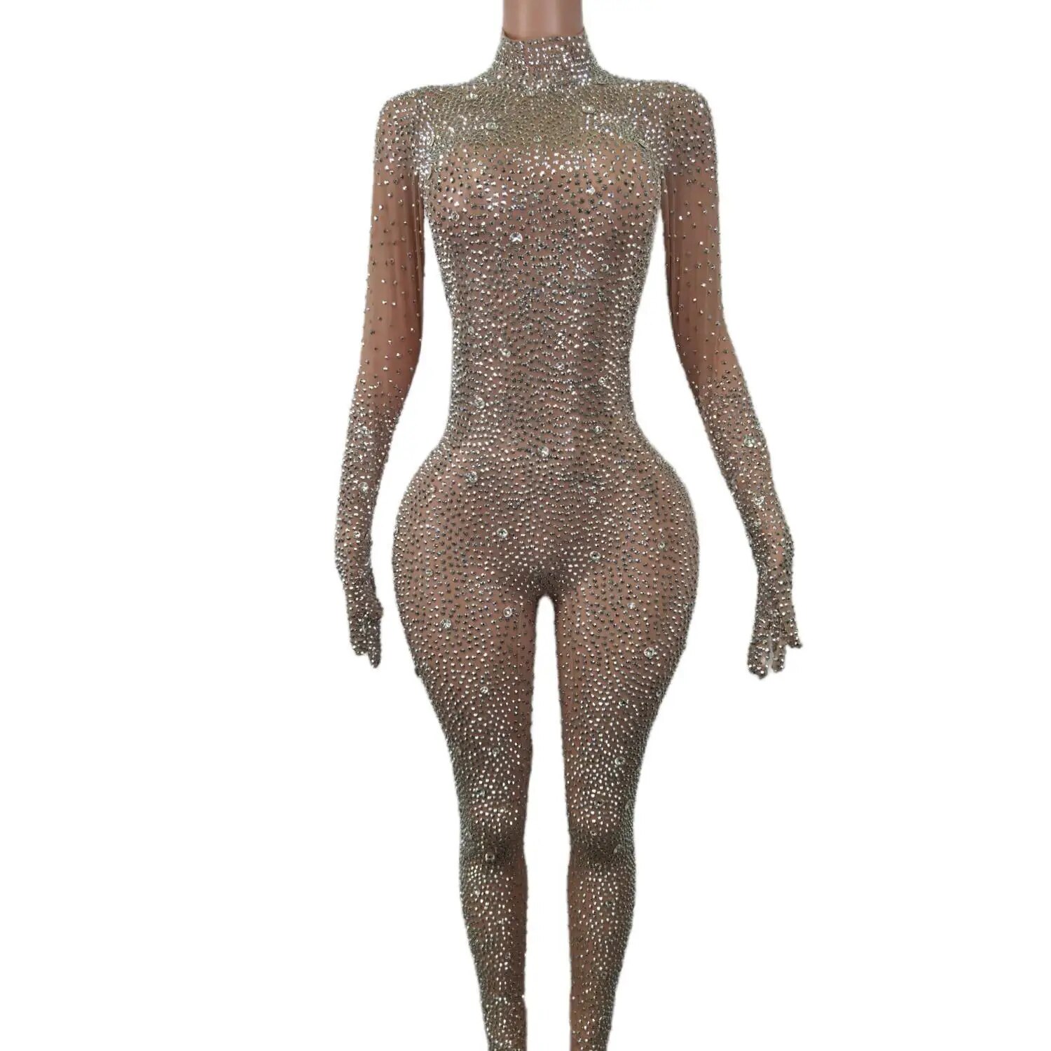 VCSHOES Shining Gold Rhinestones Jumpsuit Mesh Transparent Birthday Celebrate Bodysuit Nightclub Singer Dance Leggings Shizuan
