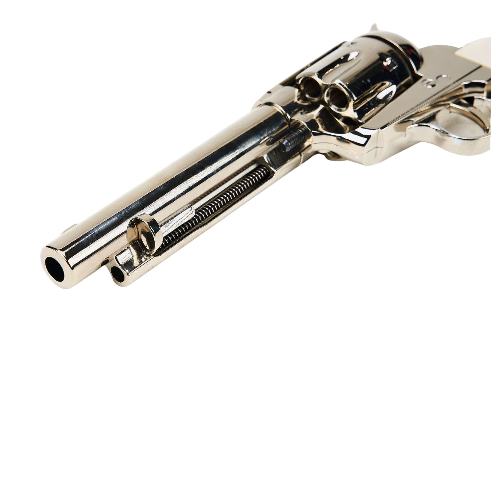Angled front perspective down the barrel of a silver 1873-style revolver highlighting the spring-loaded ejector housing