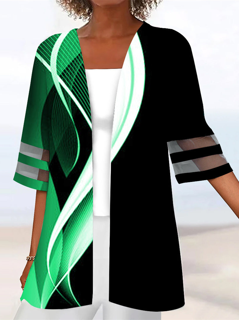 Women Half Sleeve Scoop Neck Striped Printed Colorblock Two-Pieced Tops