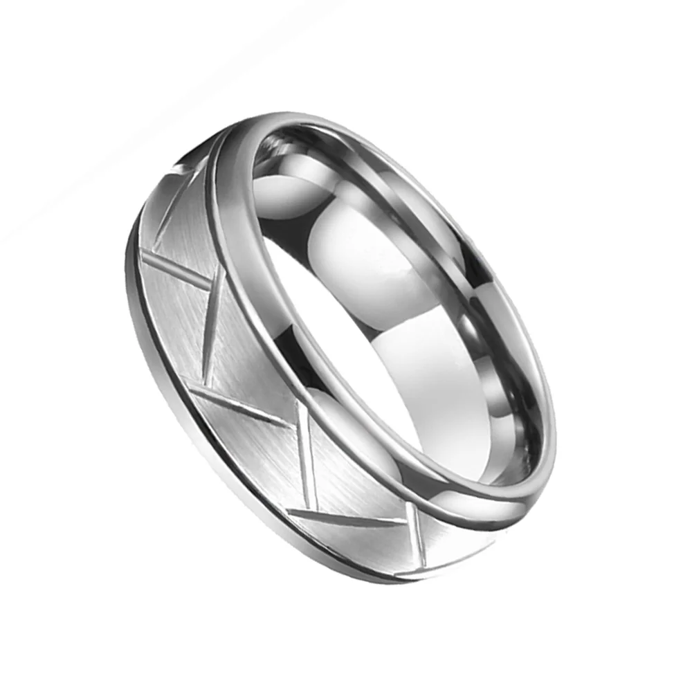 6MM 8MM Mens Silver Domed Grooved Tungsten Brushed Wedding Bands