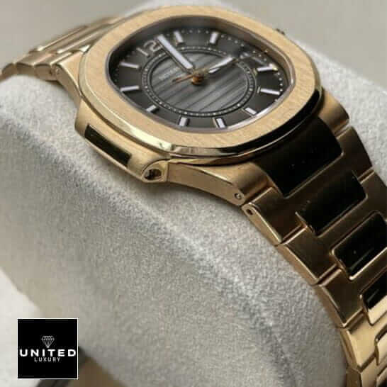 Patek Philippe 7011-1R-010 Black Dial Gold Case Replica on the stand