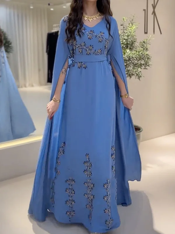 Paneled Shiny Long Sleeves V-neck Maxi Dresses