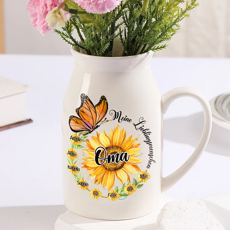 Personalisierte 2 Texte & 8 Namen Sonnenblume & Schmetterling Familie Vase