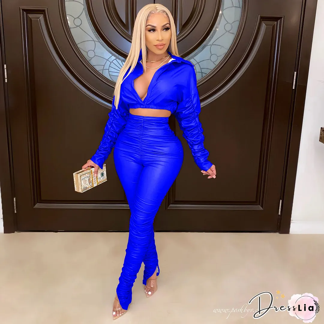 Flare Sleeve Wrinkle Short Jacket+Skinny Flare Legs Suits