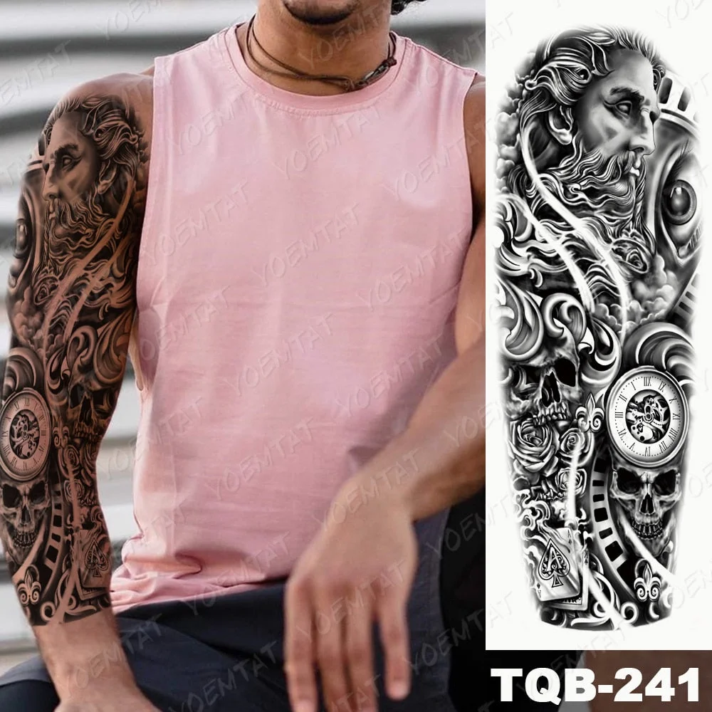 Large Arm Sleeve Tattoo Lion Cross Prayer Waterproof Temporary Tatto Sticker Tiger Beach Compass Body Art Full Fake Tatoo Men