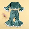 Baby Kid Girls Lace Long Sleeve Flare Velvet Valentine 2 Pcs Sets