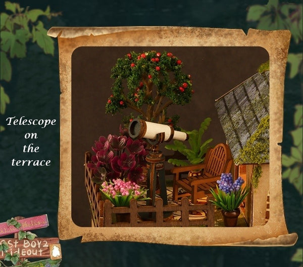 image displaying miniature telescope on the roof of Forest Adventure DIY Miniature House Kit