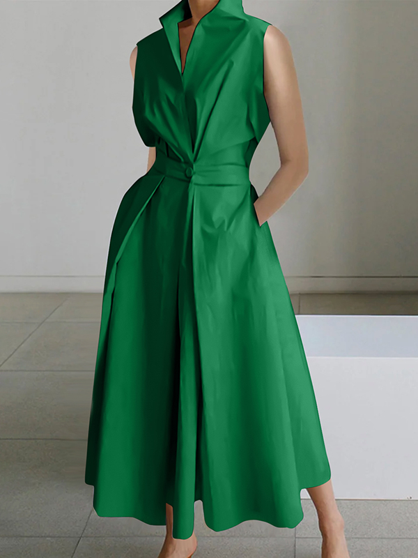 Sophisticated Minimalism: Sleeveless Lapel Midi Dresses in Solid Color