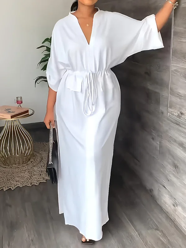 Casual Loose Paneled V Neck Solid Maxi Dress