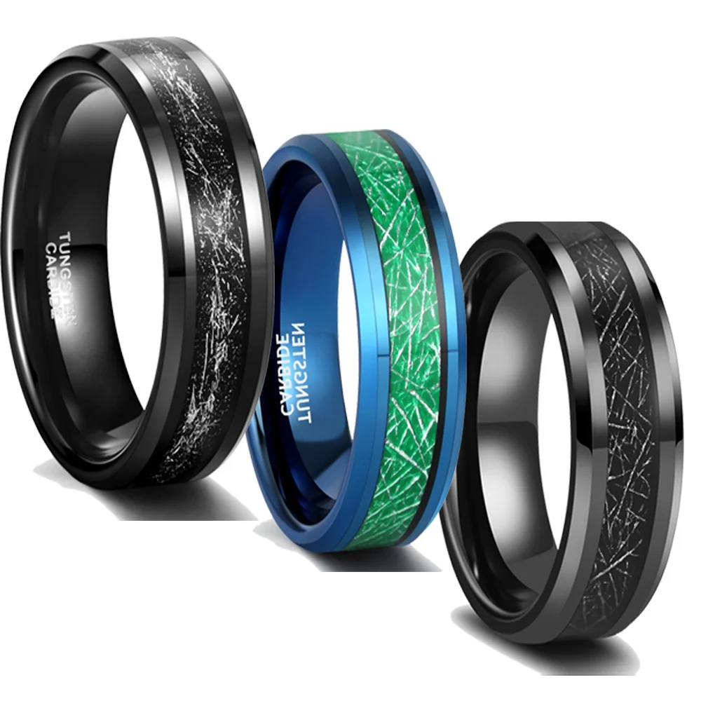 8MM Black Green Imitated Meteorite Inlay Tungsten Carbide Men's Wedding Bands