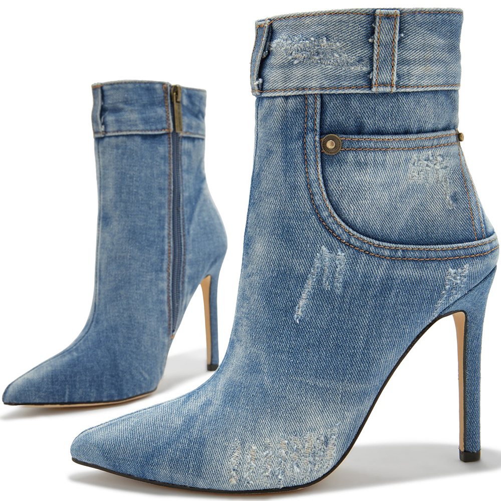 Distressed Denim Pointed Toe Stiletto Heel Ankle Boots in Blue Nicepairs