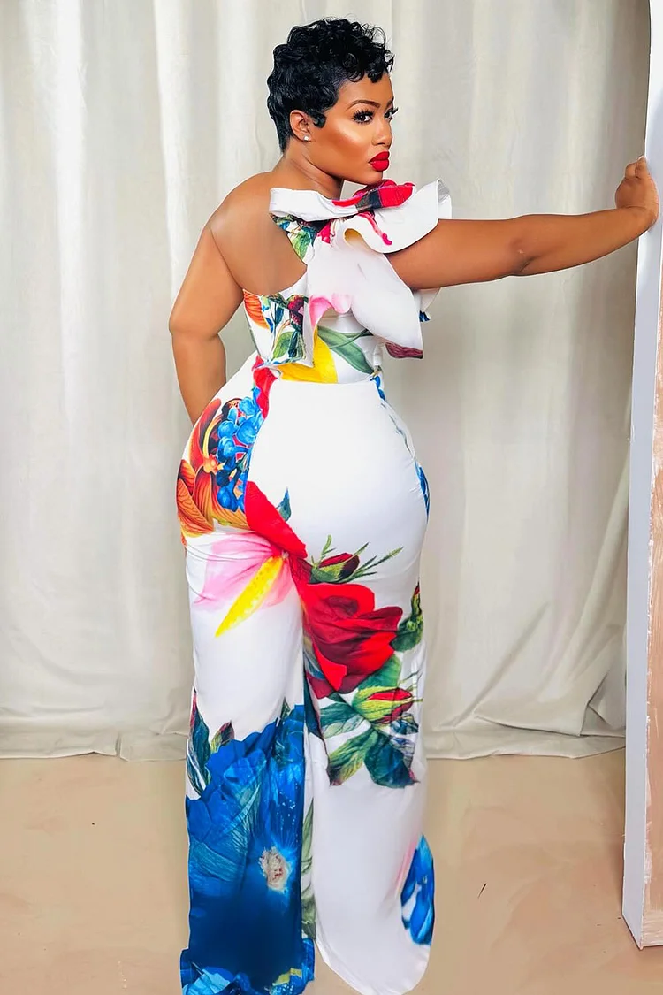 One Shoulder Ruffle Floral Print Party Wide Leg Jumpsuit-White [Pre Order]