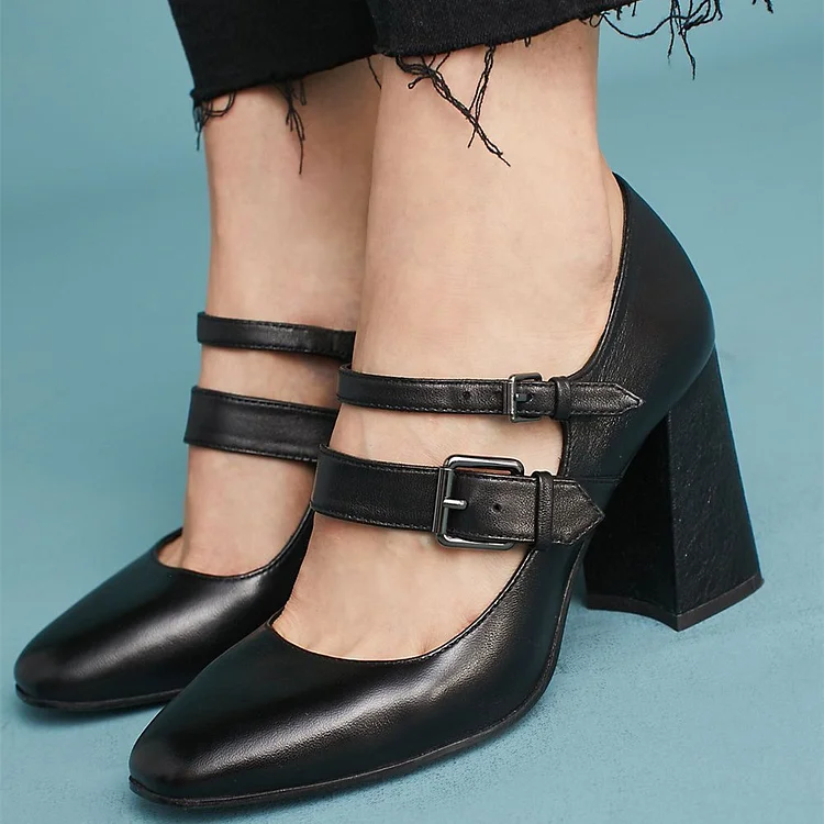 Black Buckles Mary Jane Shoes Square Toe Block Heels Pumps |FSJ Shoes