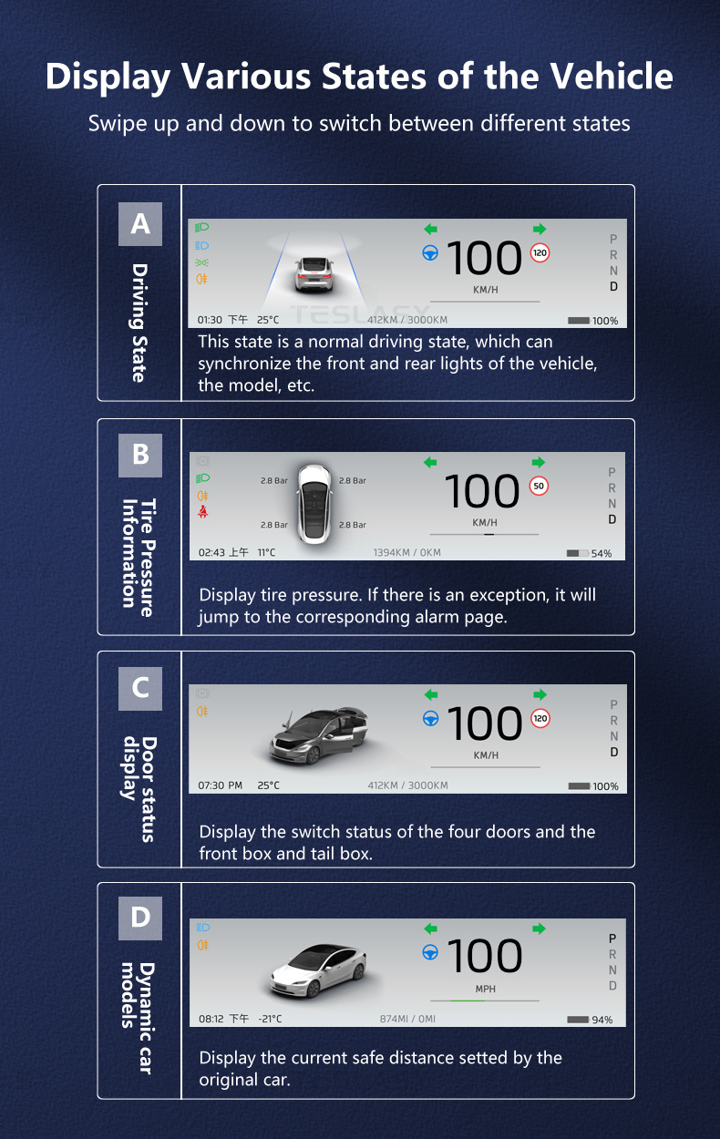 TESLASY Model 3/Y/Model 3 Highland T8 8.8-inch / T6 (6.2-inch) Center Console Dashboard Touch Display Dashboard Instrument Cluster