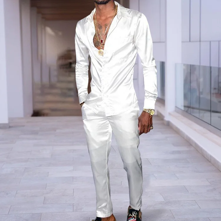BrosWear Men's Daily Casual Simple Style White Long Sleeve Shirt And Pants Co-ord Sets