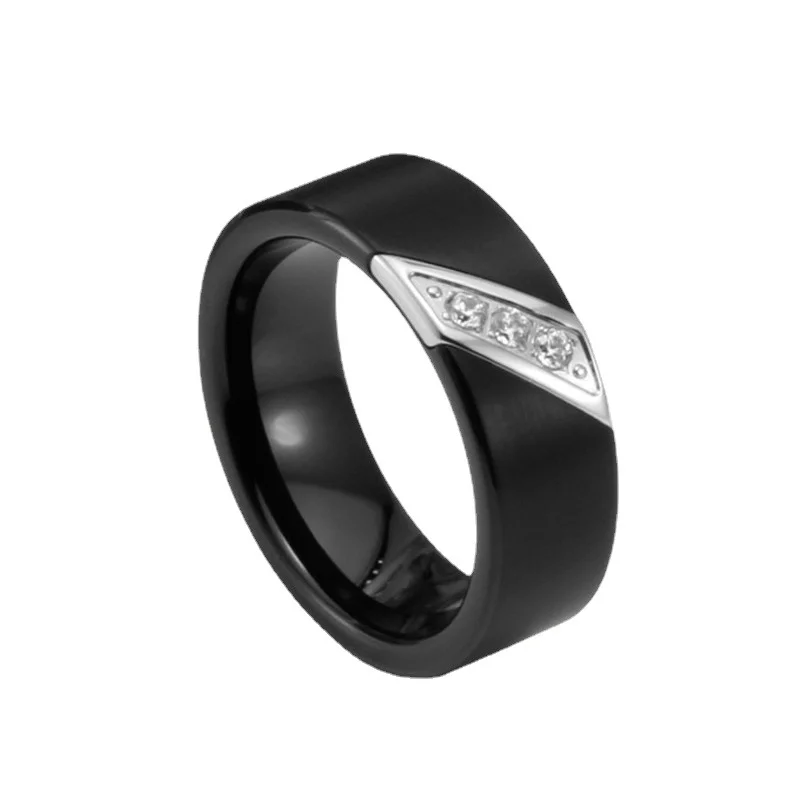 8MM Silver/Blue Flat Tungsten Carbide Wedding Bands with CZ Stone Inlay for Men Women Channel