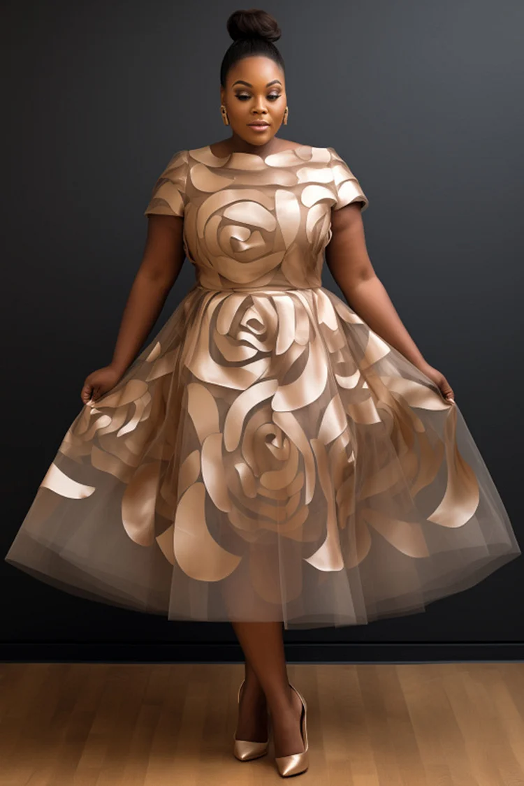 Xpluswear Design Plus Size Wedding Guest Champagne Floral Round Neck Short Sleeve See Through Elegant Midi Dresses [Pre-Order]