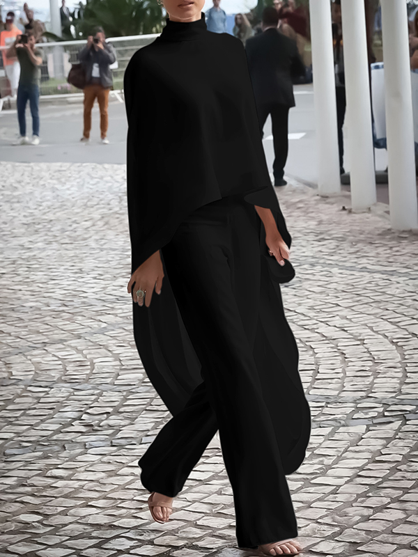 Moxidress Color Block High Neck Long Sleeves Top High Rise Wide Leg Pants Set
