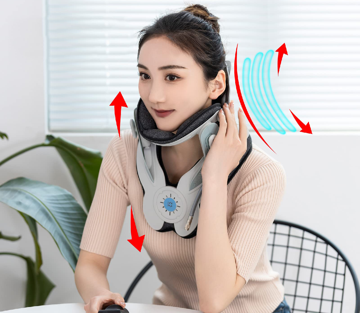 A modern cervical traction device designed to provide neck pain relief. The Cervitrax Gen-2 features an ergonomic design with adjustable straps, comfortable padding, and an easy-to-use inflation pump. The device is shown in use, supporting the user's neck and gently stretching the cervical spine for therapeutic benefits.