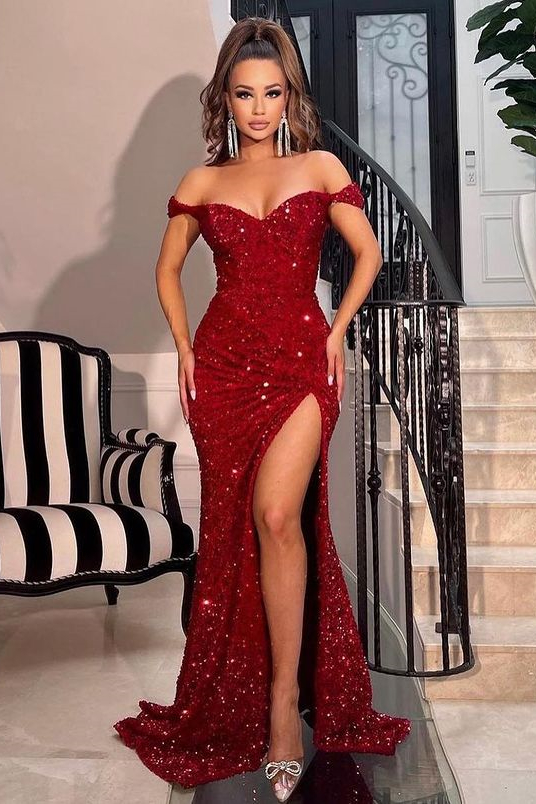 Lisliy Red Off-The-Shoulder Sweetheart Prom Dress Split Mermaid with Sequins