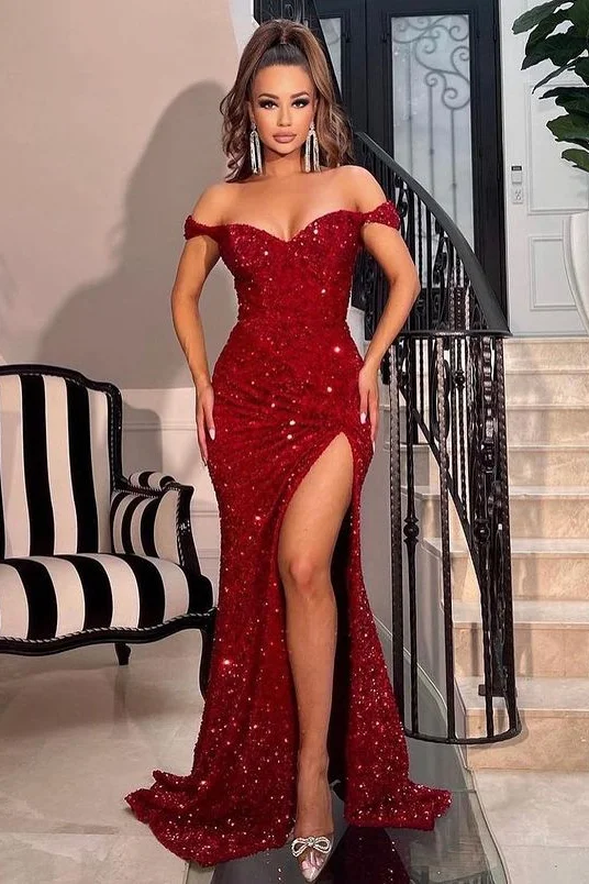 Red Off-The-Shoulder Sweetheart Sequins Mermaid Prom Dress With