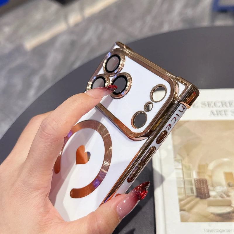 Hand holding white FANGCASE iPhone 17 Pro Max heart magnetic case with glossy electroplated finish and raised lens bezel, real machine model update