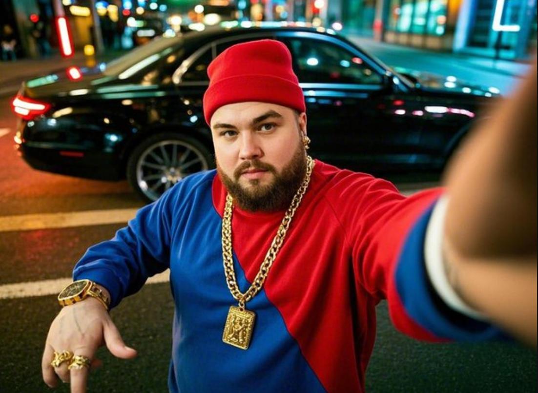 a men with bold big men’s hip-hop clothing