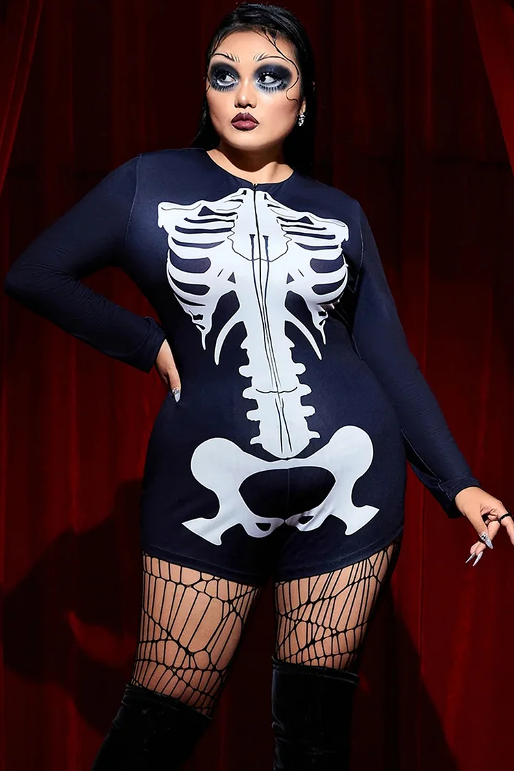 Xpluswear Design Plus Size Halloween Costume Black Skeleton Print Long Sleeve Knitted Bodysuit