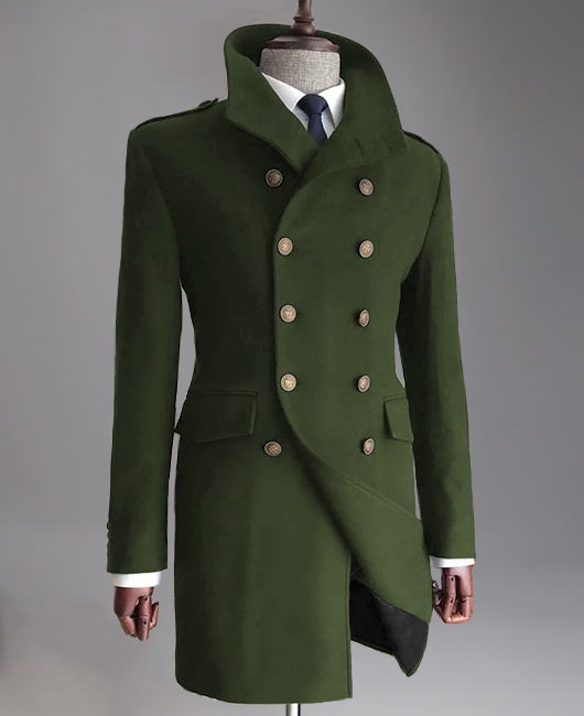 Business Stand Collar Double Breasted Flap Pocket Mid-Length Overcoat