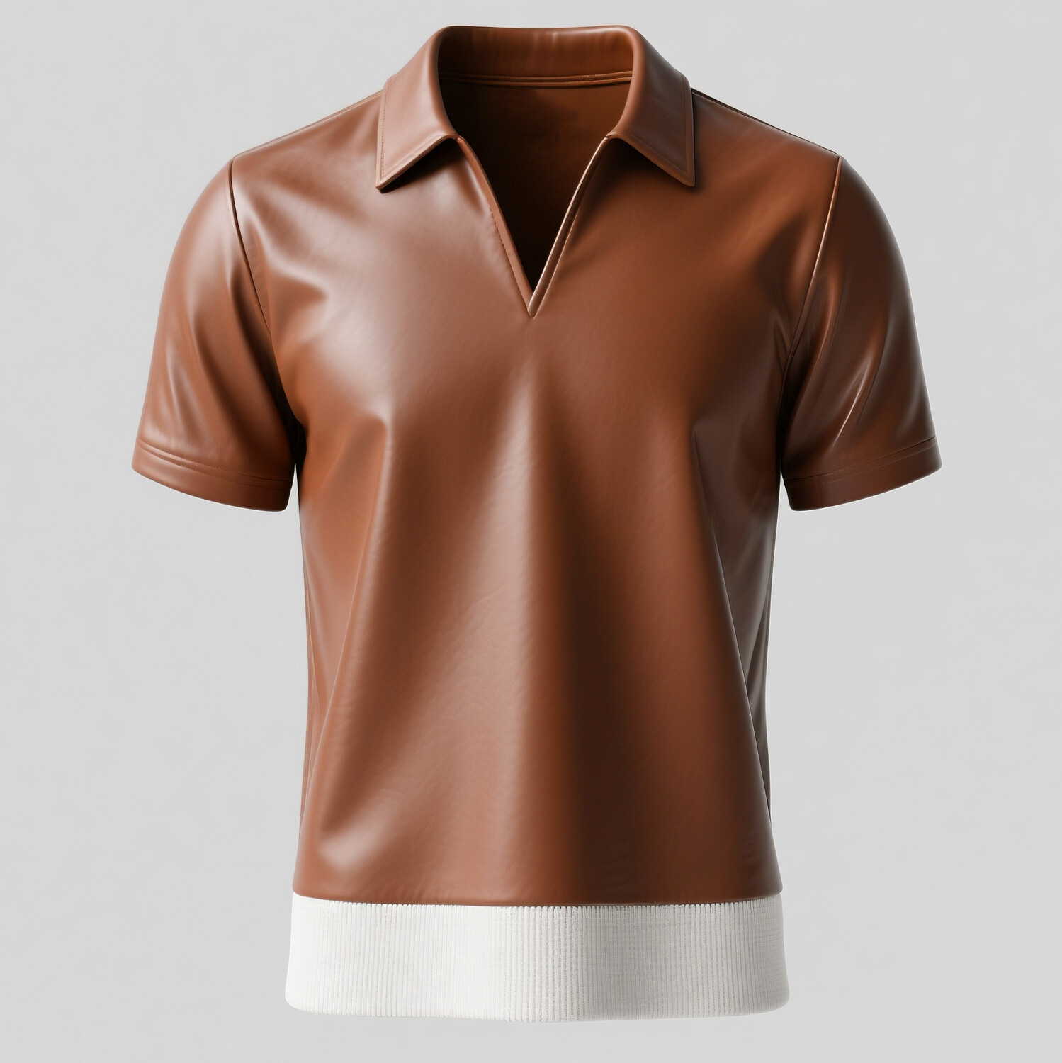 Men's Turndown Collar V Neck Short Sleeve Colorblock PU Leather Shirt