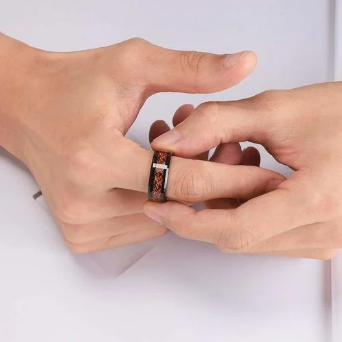 6MM 8MM Women's or Men's Tungsten Celtic Dragon Knot Black With Orange Resin Inlay Tungsten Carbide Wedding Bands