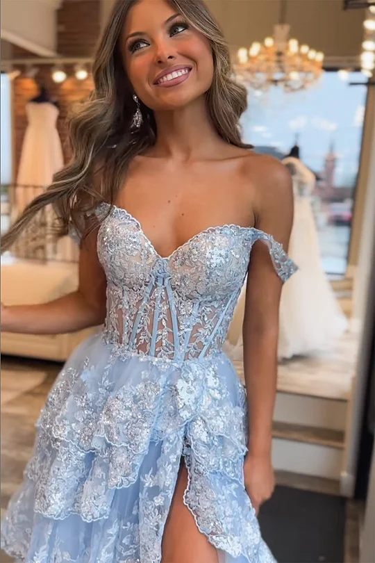 Sparkly A Line One Shoulder Navy Lace Corset Prom Dress with