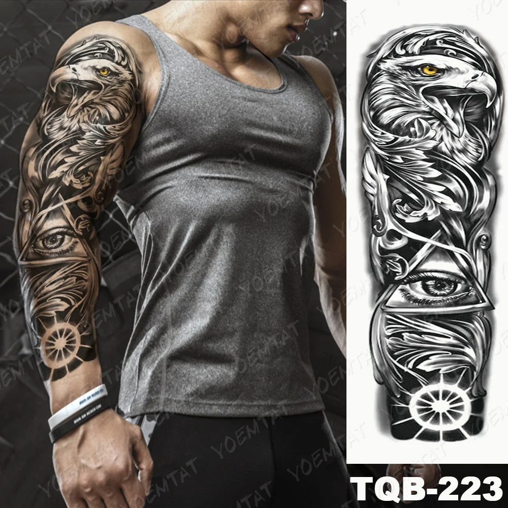 Large Arm Sleeve Tattoo Lion Cross Prayer Waterproof Temporary Tatto Sticker Tiger Beach Compass Body Art Full Fake Tatoo Men