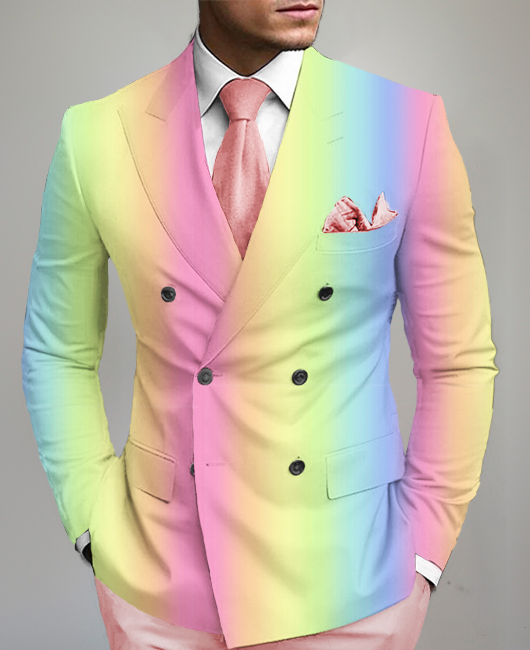 Wedding Peaked Lapel Double Breasted Rainbow Ombre Print Blazer