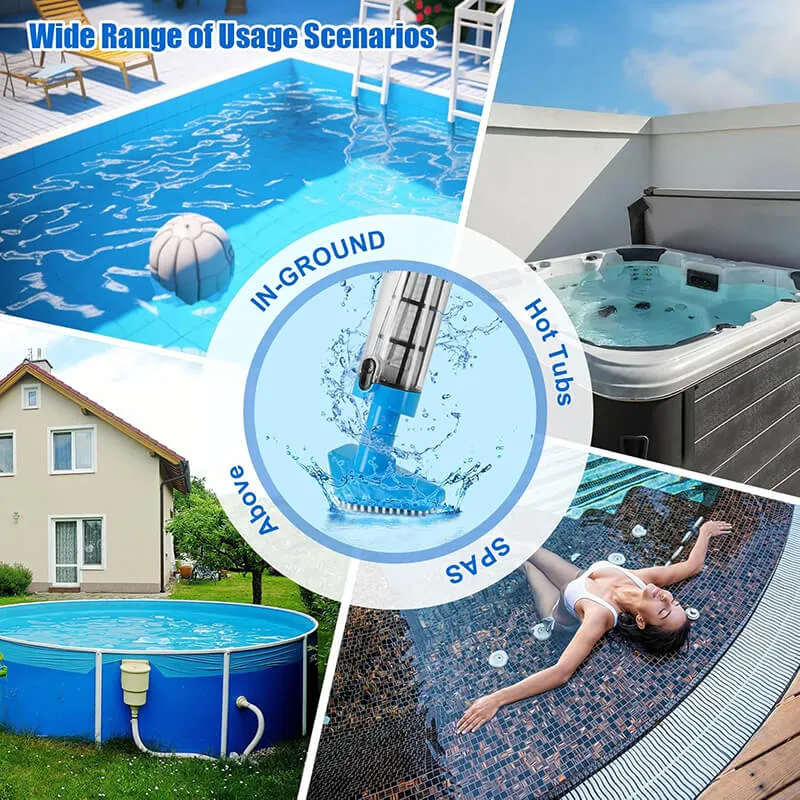 23.6-70.9in/60-180cm length adjustment can provide great suction power but low noise. It can easily pick up most debris like leaves, dirt, sand, insects, etc. in above-ground pools, in-ground pools, hot tubs and spas.