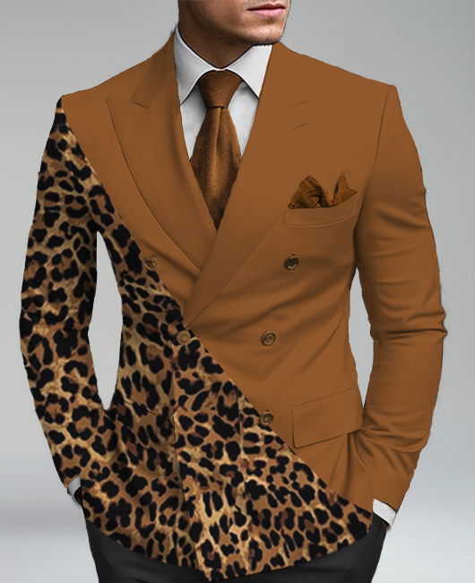Business Peaked Lapel Double Breasted Leopard Pattern Patchwork Blazer