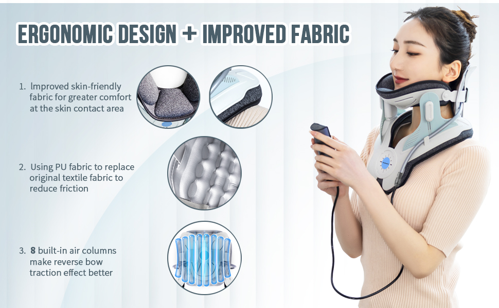 A modern cervical traction device designed to provide neck pain relief. The Cervitrax Gen-2 features an ergonomic design with adjustable straps, comfortable padding, and an easy-to-use inflation pump. The device is shown in use, supporting the user's neck and gently stretching the cervical spine for therapeutic benefits.