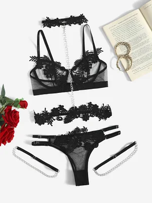 Applique Mesh Underwire Garter Lingerie Set