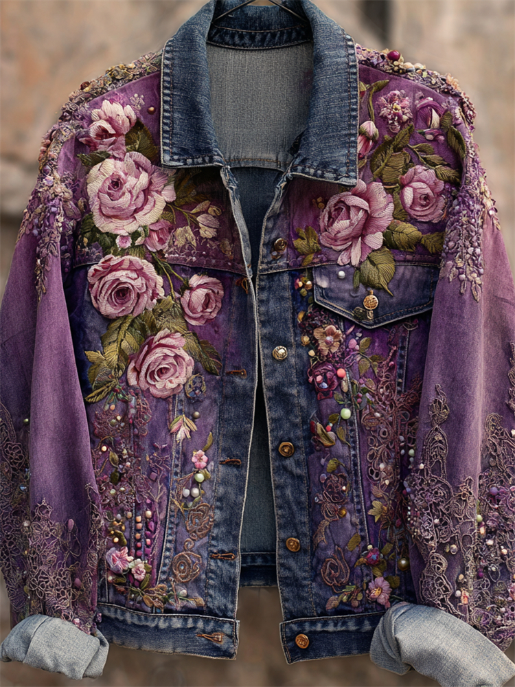 Boho Lavender Roses Glitter Embroidered Dyed Denim Jacket