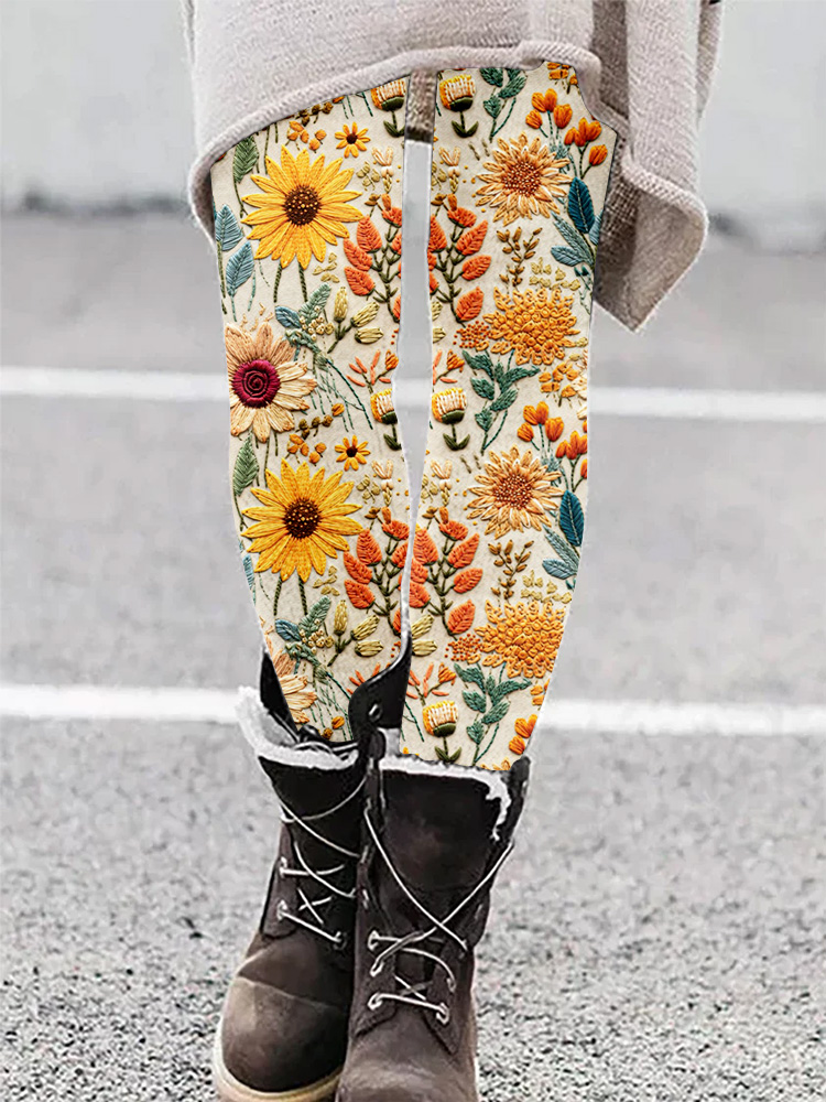 Punk Floral Embroidered Stretch Leggings With Slim Modern Fit