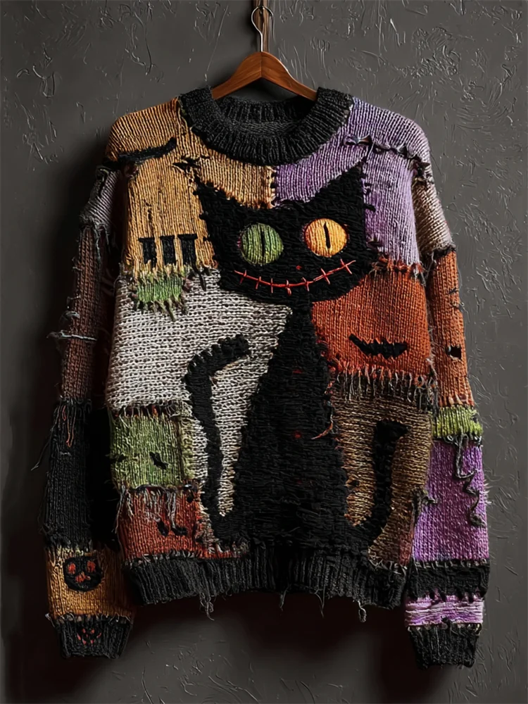 Halloween Black Colorblock Stitched Cozy Knit Sweater