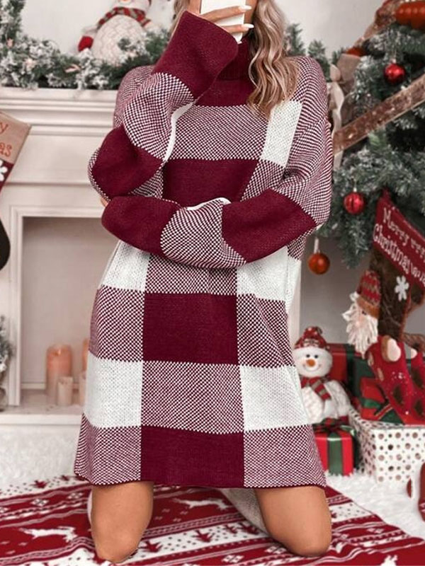 Long Sleeves Loose Contrast Color Plaid High Neck Mini Dresses Sweater Dresses
