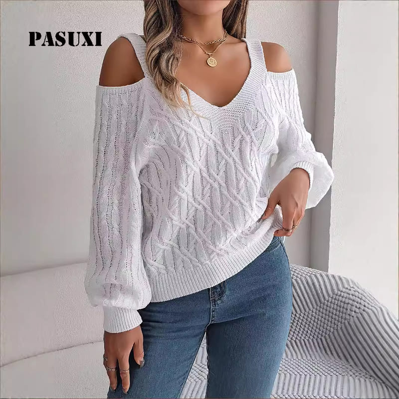 PASUXI knitted sweater - white off-shoulder V-neck.