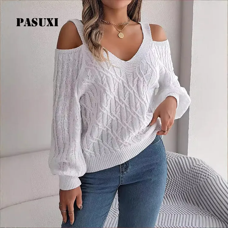 PASUXI Wholesale Casual Solid Color Cable Knit Off Shoulder Lantern Sleeve Sweaters Trendy Knitwear huanwei