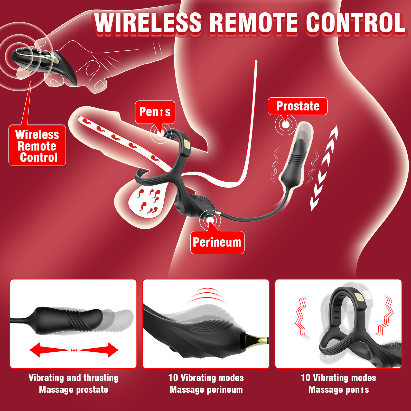 Wireless Remote Control 10 Thrusting & Vibrating Penis Rings & Prostate Massager