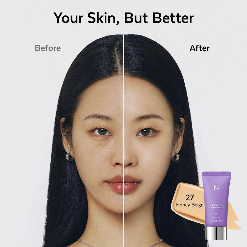 [MISSHA Official] M Perfect Cover Serum BB Cream (35ml) - Bifida Ferment Lysate Serum-Infused BB Cream for Anti-Aging Skin Rejuvenation, Skin Tint, Tinted Moisturizer, Skin Care Foundation Makeup,Superfood Complex,Glass Skin CardiBB OGBB PurpleBB